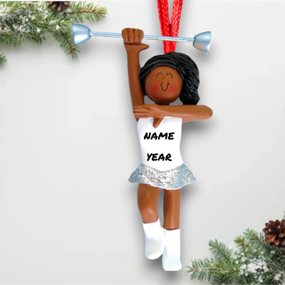 Personalized African American Female Baton Twirler Ornament with Custom Name and Year – Resin Christmas Ornament