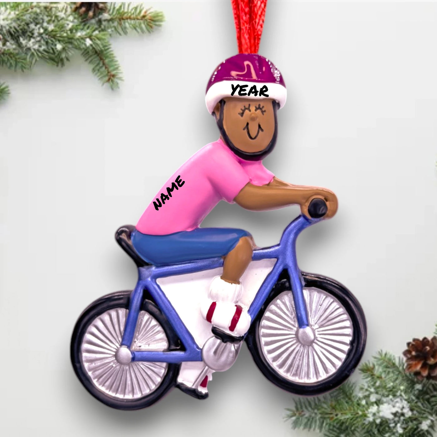 Personalized African American Female Bicycle Rider Ornament with Pink Helmet and Blue Bike – Custom Name and Year Resin Ornament