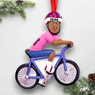 Personalized African American Female Bicycle Rider Ornament with Pink Helmet and Blue Bike – Custom Name and Year Resin Ornament