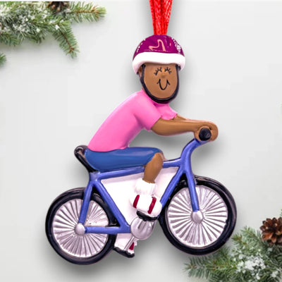 Personalized African American Female Bicycle Rider Ornament with Pink Helmet and Blue Bike – Custom Name and Year Resin Ornament