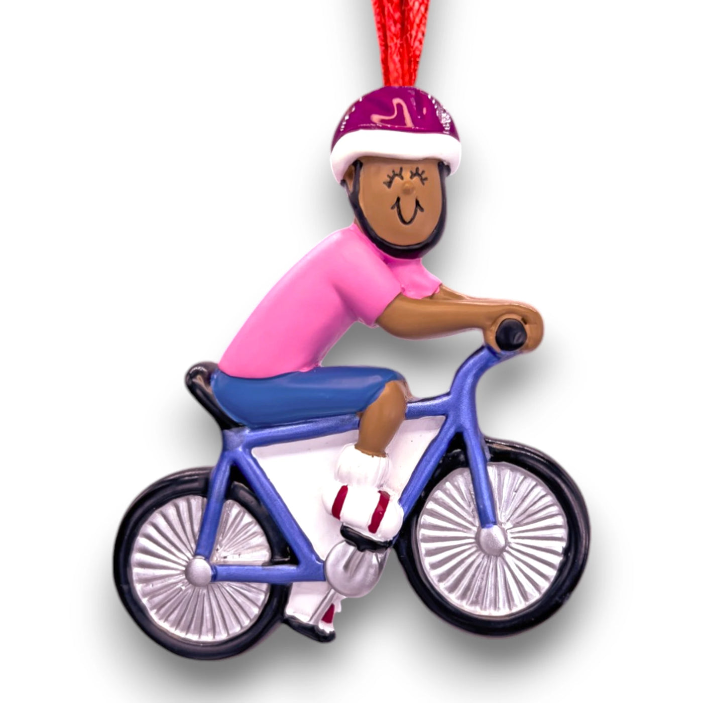 Personalized African American Female Bicycle Rider Ornament with Pink Helmet and Blue Bike – Custom Name and Year Resin Ornament