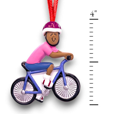 Personalized African American Female Bicycle Rider Ornament with Pink Helmet and Blue Bike – Custom Name and Year Resin Ornament