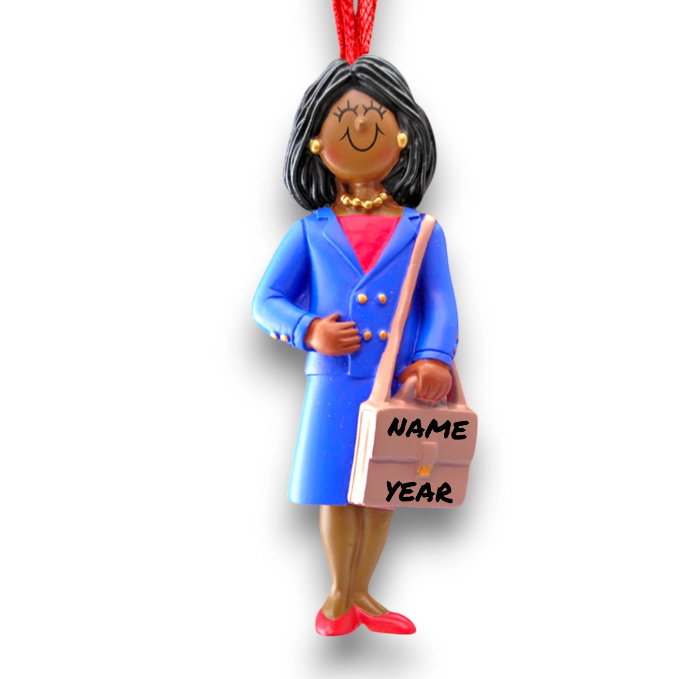 Personalized African American Female Business Christmas Ornament in Blue Suit – Custom Name and Year Resin Ornament