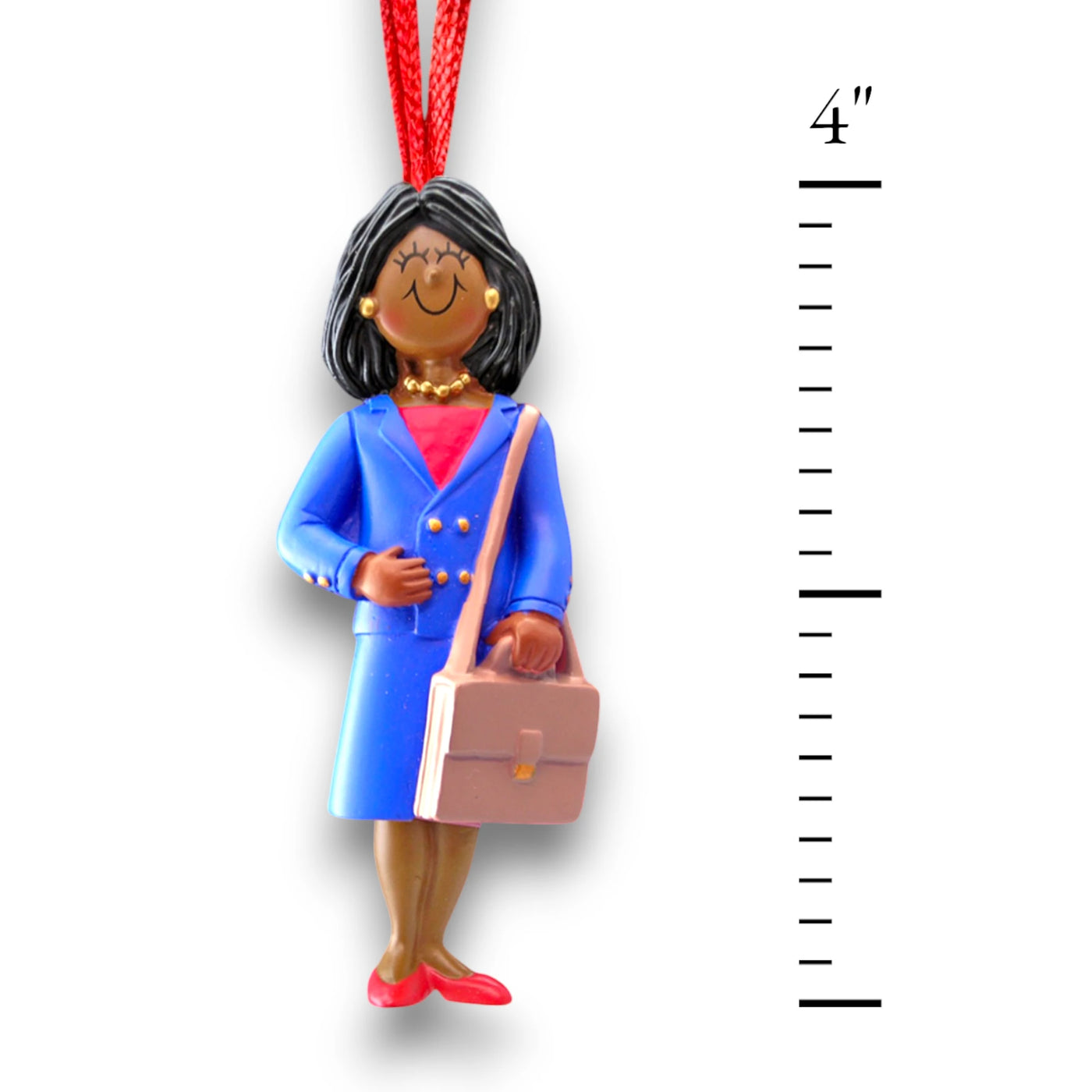 Personalized African American Female Business Christmas Ornament in Blue Suit – Custom Name and Year Resin Ornament