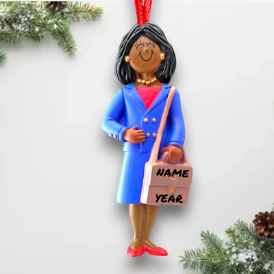 Personalized African American Female Business Christmas Ornament in Blue Suit – Custom Name and Year Resin Ornament