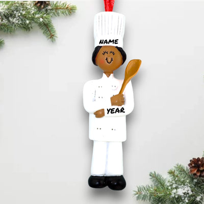 Personalized African American Female Chef Christmas Ornament in White Uniform – Custom Name and Year Resin Ornament