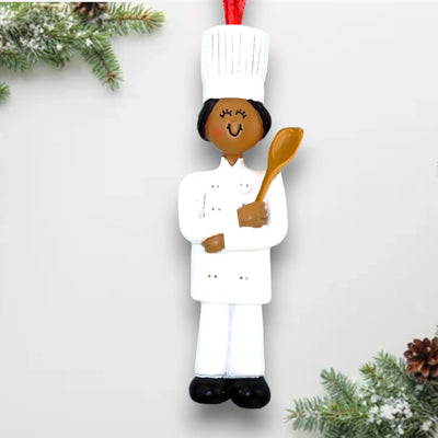 Personalized African American Female Chef Christmas Ornament in White Uniform – Custom Name and Year Resin Ornament