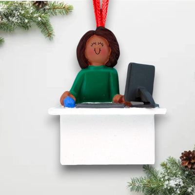 Personalized African American Female Computer User Christmas Ornament at desk with computer – Custom Name and Year Resin Ornament