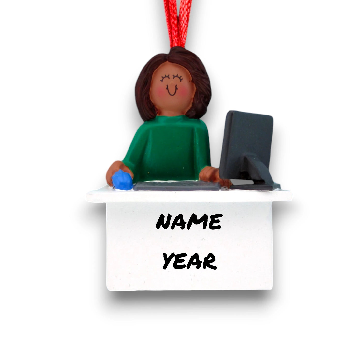 Personalized African American Female Computer User Christmas Ornament at desk with computer – Custom Name and Year Resin Ornament