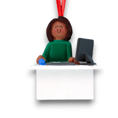 Personalized African American Female Computer User Christmas Ornament at desk with computer – Custom Name and Year Resin Ornament