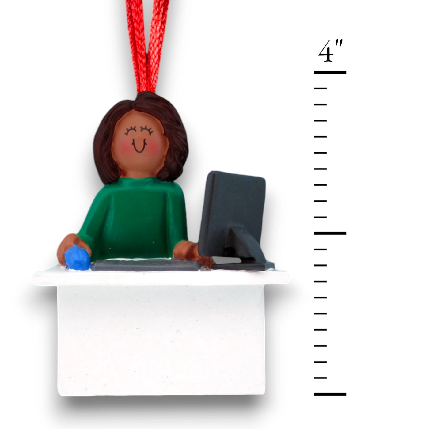 Personalized African American Female Computer User Christmas Ornament at desk with computer – Custom Name and Year Resin Ornament