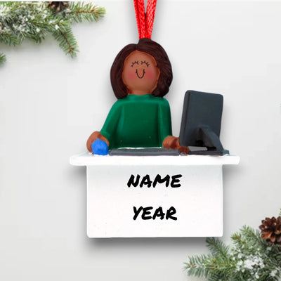 Personalized African American Female Computer User Christmas Ornament at desk with computer – Custom Name and Year Resin Ornament