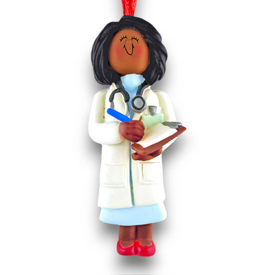 Personalized African American Female Doctor Christmas Ornament with Stethoscope and Clipboard – Custom Name and Year Resin Ornament

