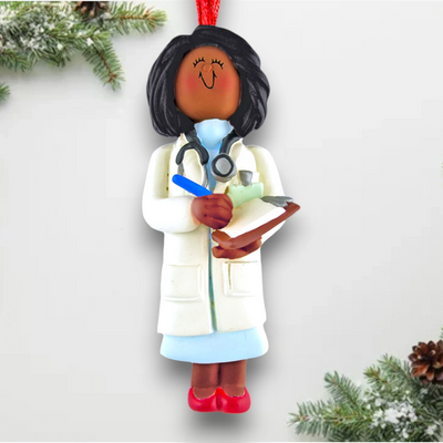 Personalized African American Female Doctor Christmas Ornament with Stethoscope and Clipboard – Custom Name and Year Resin Ornament

