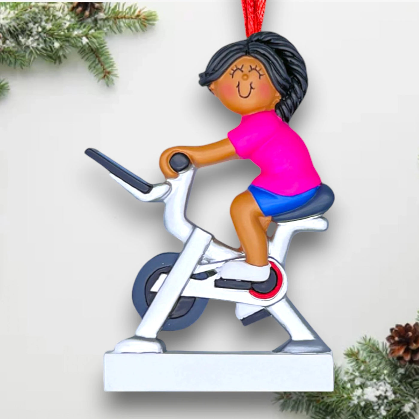 Personalized African American Female Exercise Bike Ornament with Custom Name and Year – Resin Christmas Ornament

