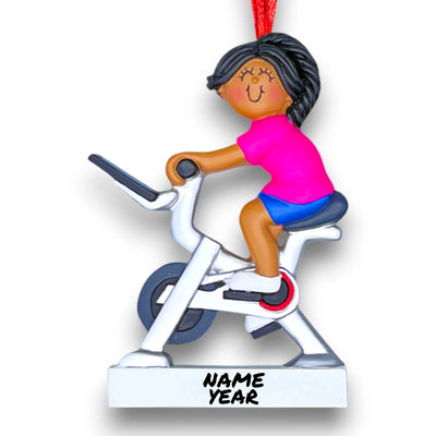 Personalized African American Female Exercise Bike Ornament with Custom Name and Year – Resin Christmas Ornament

