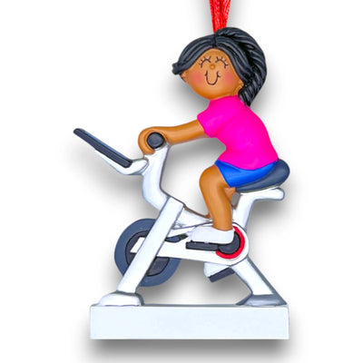 Personalized African American Female Exercise Bike Ornament with Custom Name and Year – Resin Christmas Ornament

