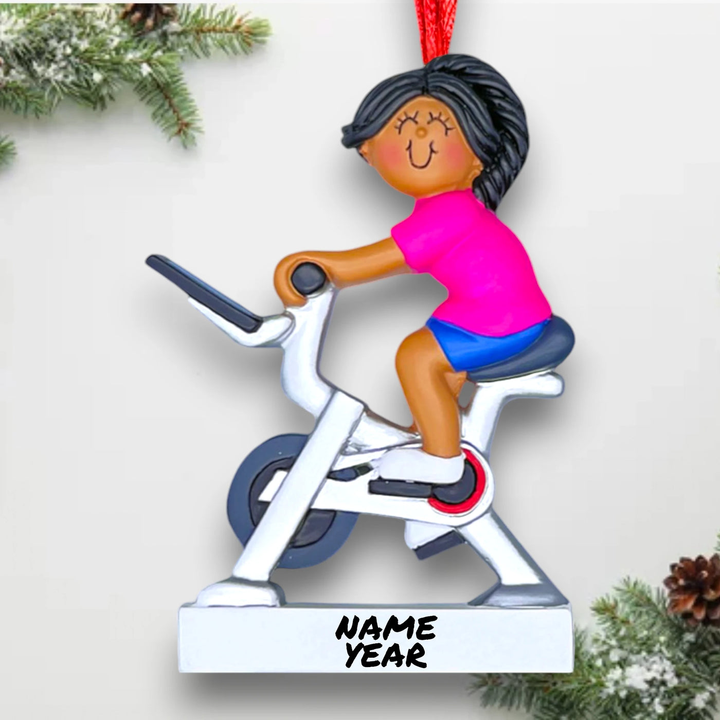 Personalized African American Female Exercise Bike Ornament with Custom Name and Year – Resin Christmas Ornament

