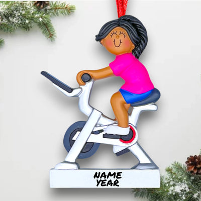 Personalized African American Female Exercise Bike Ornament with Custom Name and Year – Resin Christmas Ornament

