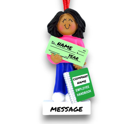 Personalized African American Female First New Job Christmas Ornament with Check and Employee Handbook – Custom Name, Year, and Message Resin Ornament