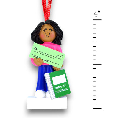 Personalized African American Female First New Job Christmas Ornament with Check and Employee Handbook – Custom Name, Year, and Message Resin Ornament