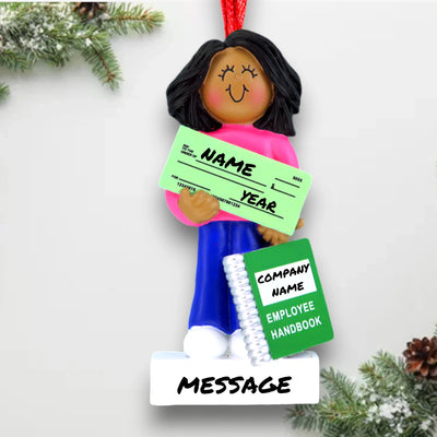 Personalized African American Female First New Job Christmas Ornament with Check and Employee Handbook – Custom Name, Year, and Message Resin Ornament