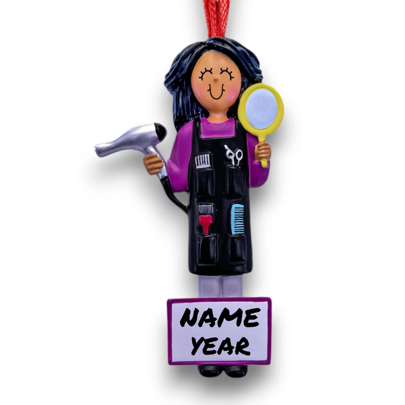 African American Female Hair Stylist Ornament with Hair Tools – Custom Name and Year Resin Ornament

