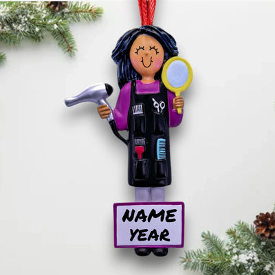 African American Female Hair Stylist Ornament with Hair Tools – Custom Name and Year Resin Ornament

