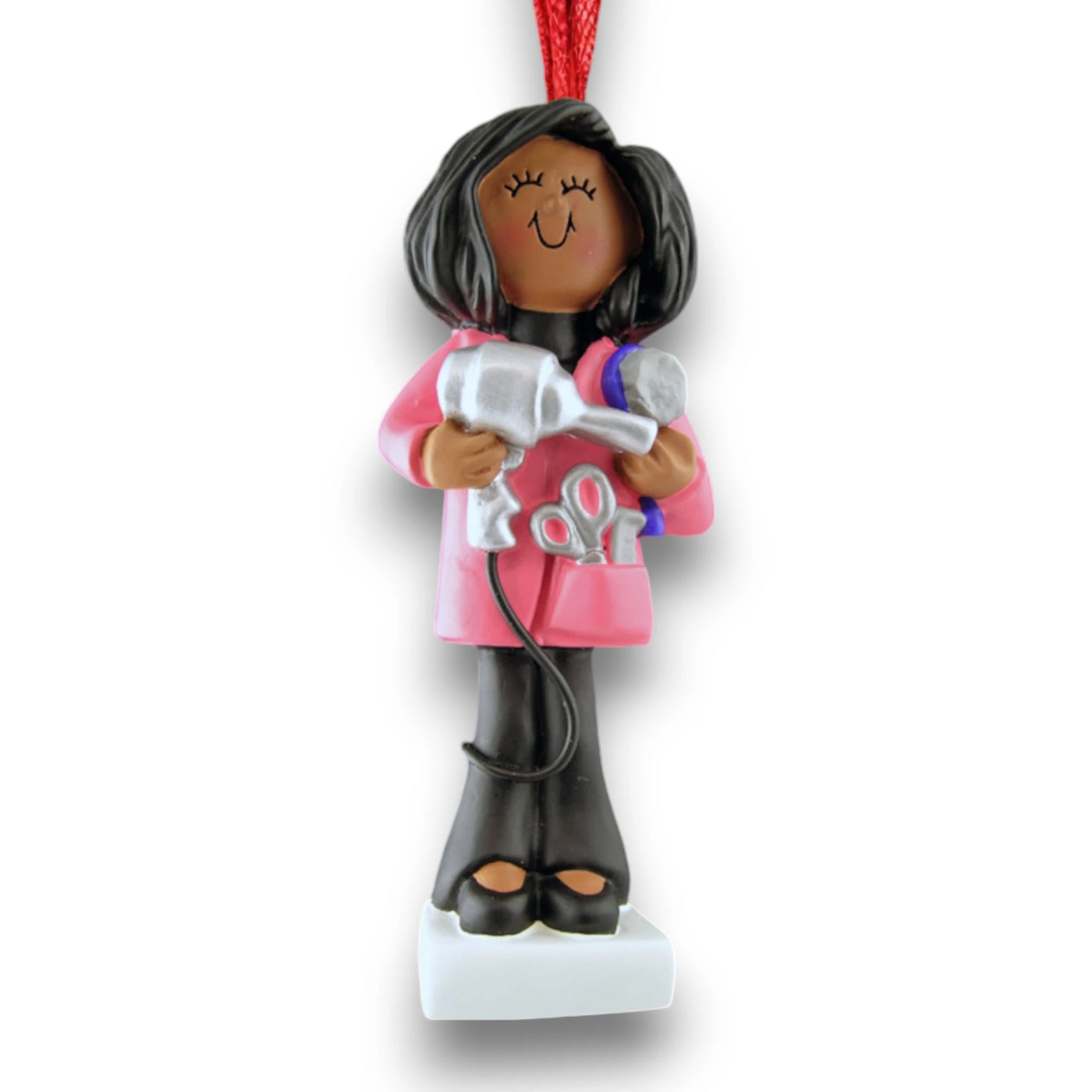 Personalized African American Female Hairdresser Christmas Ornament with Blow Dryer and Scissors – Custom Name and Year Resin Ornament

