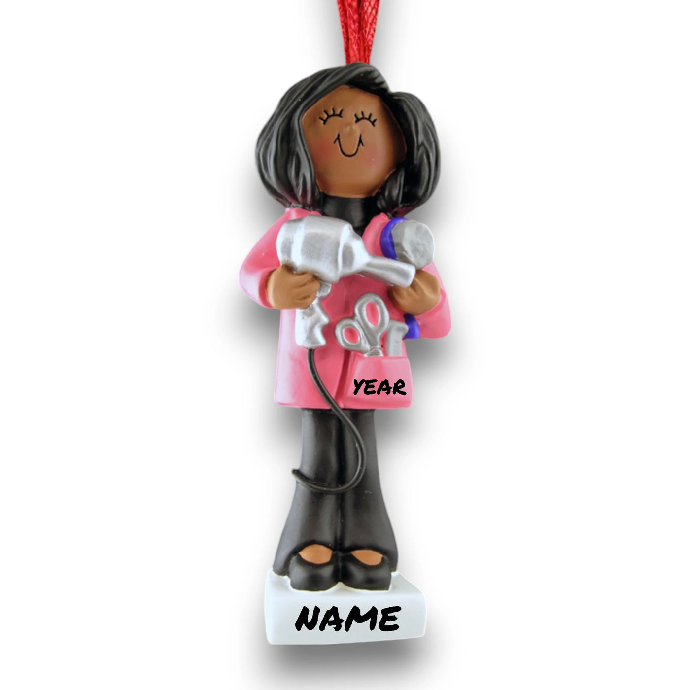 Personalized African American Female Hairdresser Christmas Ornament with Blow Dryer and Scissors – Custom Name and Year Resin Ornament

