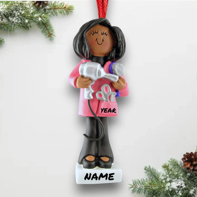 Personalized African American Female Hairdresser Christmas Ornament with Blow Dryer and Scissors – Custom Name and Year Resin Ornament

