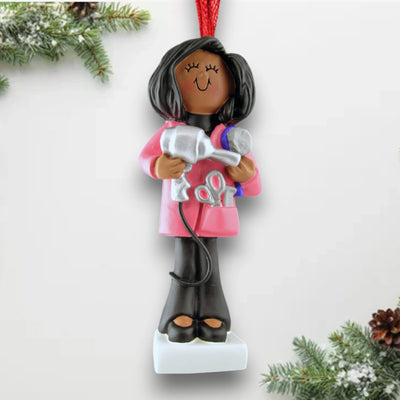 Personalized African American Female Hairdresser Christmas Ornament with Blow Dryer and Scissors – Custom Name and Year Resin Ornament

