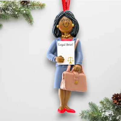 Personalized African American Female Lawyer Christmas Ornament with Legal Brief and Briefcase – Custom Name and Year Resin Ornament