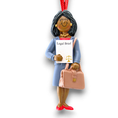 Personalized African American Female Lawyer Christmas Ornament with Legal Brief and Briefcase – Custom Name and Year Resin Ornament