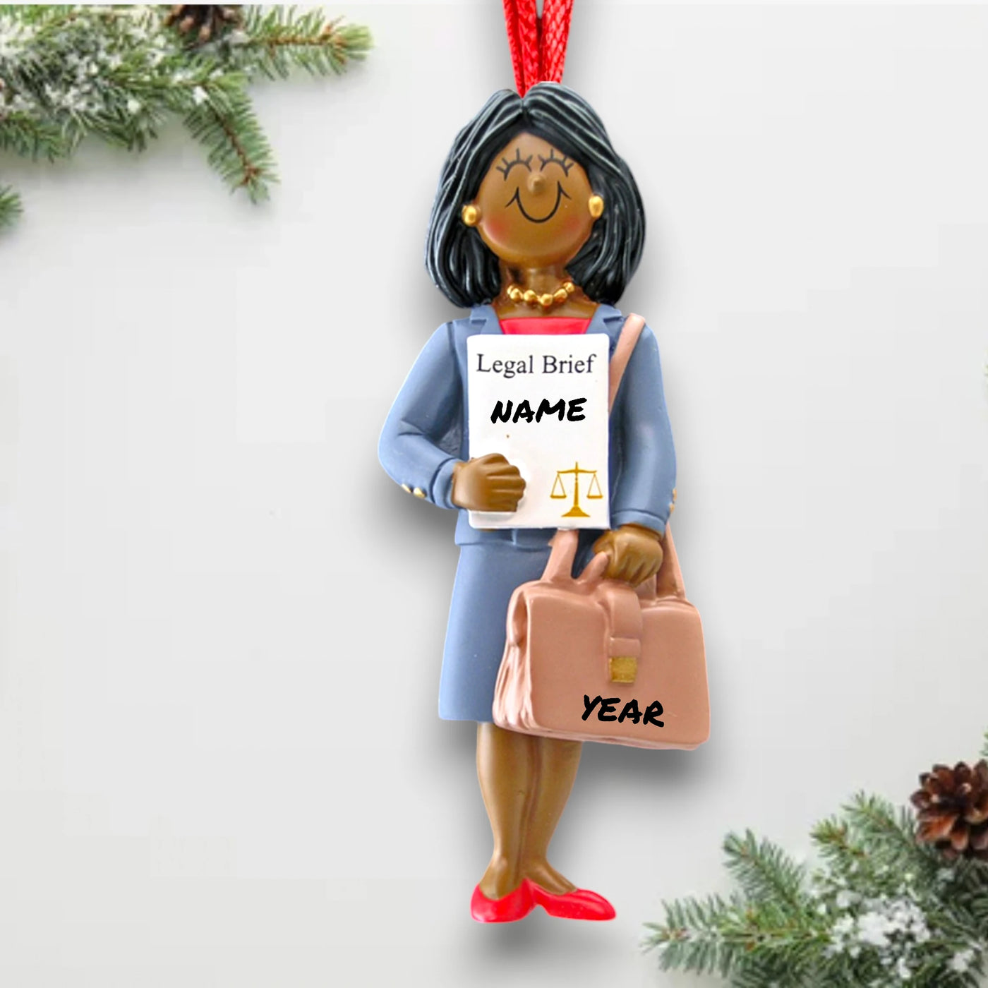 Personalized African American Female Lawyer Christmas Ornament with Legal Brief and Briefcase – Custom Name and Year Resin Ornament