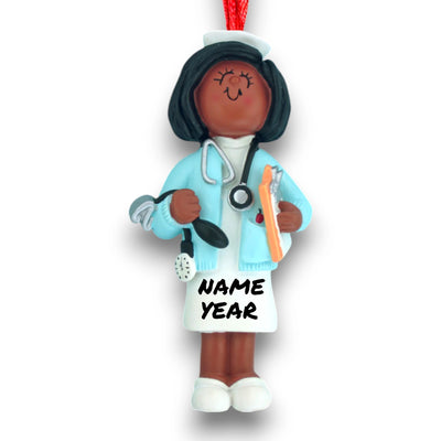 African American Nurse Christmas Ornament with Stethoscope and Clipboard – Personalized with Name and Year