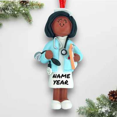 African American Nurse Christmas Ornament with Stethoscope and Clipboard – Personalized with Name and Year