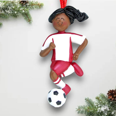 Personalized African American Female Soccer Ornament in Red Uniform, dribbling a ball. Customizable with name, team, and year.