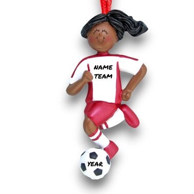 Personalized African American Female Soccer Ornament in Red Uniform, dribbling a ball. Customizable with name, team, and year.