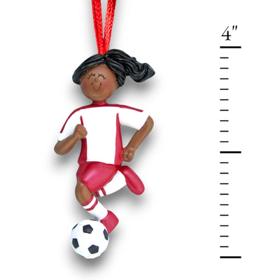 Personalized African American Female Soccer Ornament in Red Uniform, dribbling a ball. Customizable with name, team, and year.