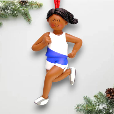 Personalized African American Female Runner Ornament with Name, Sport, and Year – Blue and White Running Christmas Ornament.