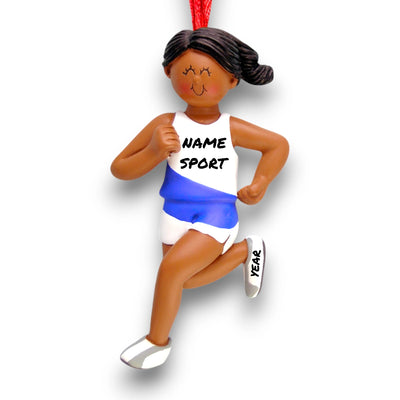 Personalized African American Female Runner Ornament with Name, Sport, and Year – Blue and White Running Christmas Ornament.