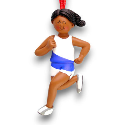 Personalized African American Female Runner Ornament with Name, Sport, and Year – Blue and White Running Christmas Ornament.