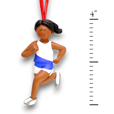 Personalized African American Female Runner Ornament with Name, Sport, and Year – Blue and White Running Christmas Ornament.