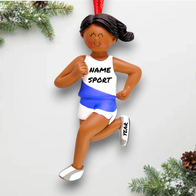 Personalized African American Female Runner Ornament with Name, Sport, and Year – Blue and White Running Christmas Ornament.