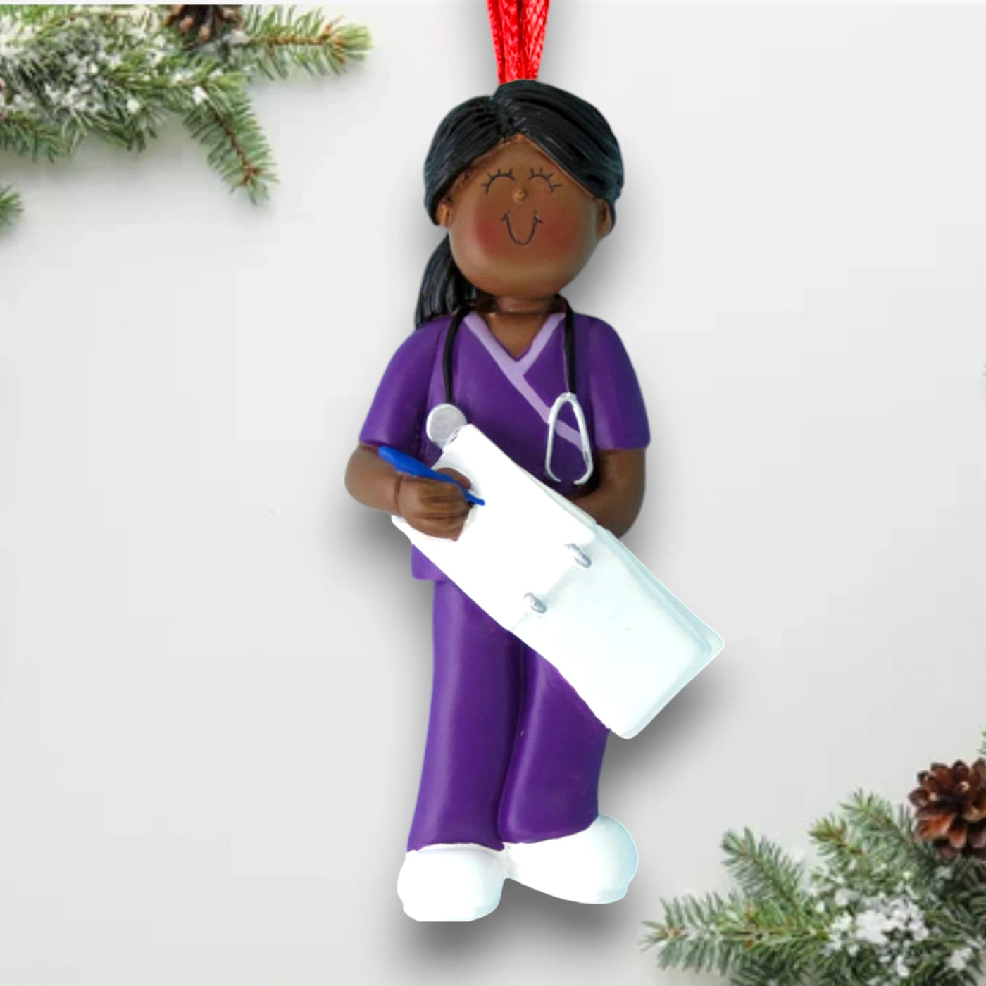 Personalized African American Female Nurse Ornament in Purple Scrubs with Clipboard – Custom Name and Year Resin Ornament