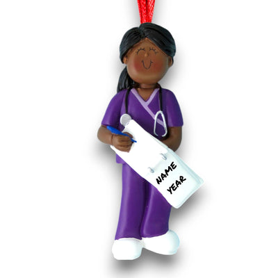 Personalized African American Female Nurse Ornament in Purple Scrubs with Clipboard – Custom Name and Year Resin Ornament