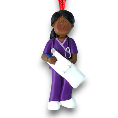 Personalized African American Female Nurse Ornament in Purple Scrubs with Clipboard – Custom Name and Year Resin Ornament