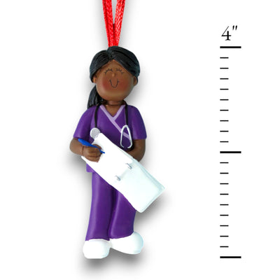 Personalized African American Female Nurse Ornament in Purple Scrubs with Clipboard – Custom Name and Year Resin Ornament