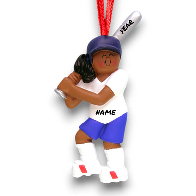 Personalized African American Female Softball Ornament with Name and Year – Resin Christmas Ornament.